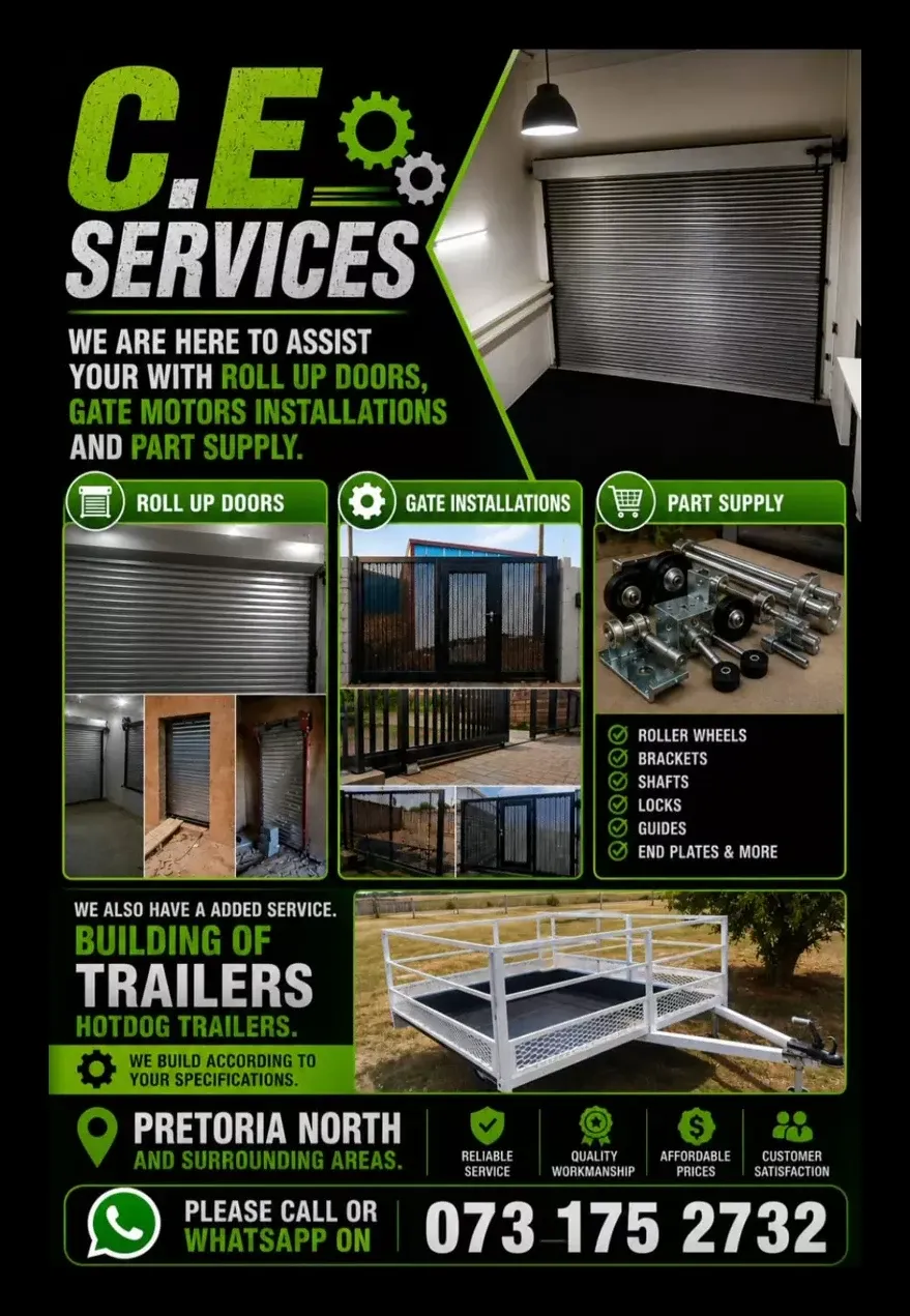 C.E. Services promotional flyer showing roll-up doors, gate installations, parts supply and trailer building